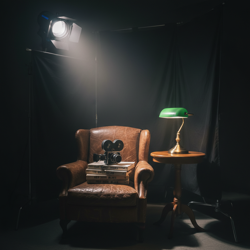 A carefully styled corner of an indie film set featuring a vintage leather armchair with rich patina, a small round side table holding an ornate brass desk lamp, and a classic 35mm film camera resting on a stack of worn screenplay binders. The set is surrounded by tall black flags and a single key light with barn doors, positioned just out of frame, casting a dramatic, directional glow that highlights the textures of the leather and metal while leaving parts of the background in tasteful shadow. Soft haze in the air catches the light, adding depth and atmosphere. Captured in photographic realism from a low-angle, three-quarter view, the image feels cinematic, moody, and sophisticated, echoing the aesthetic of an aspiring auteur’s intimate production space.