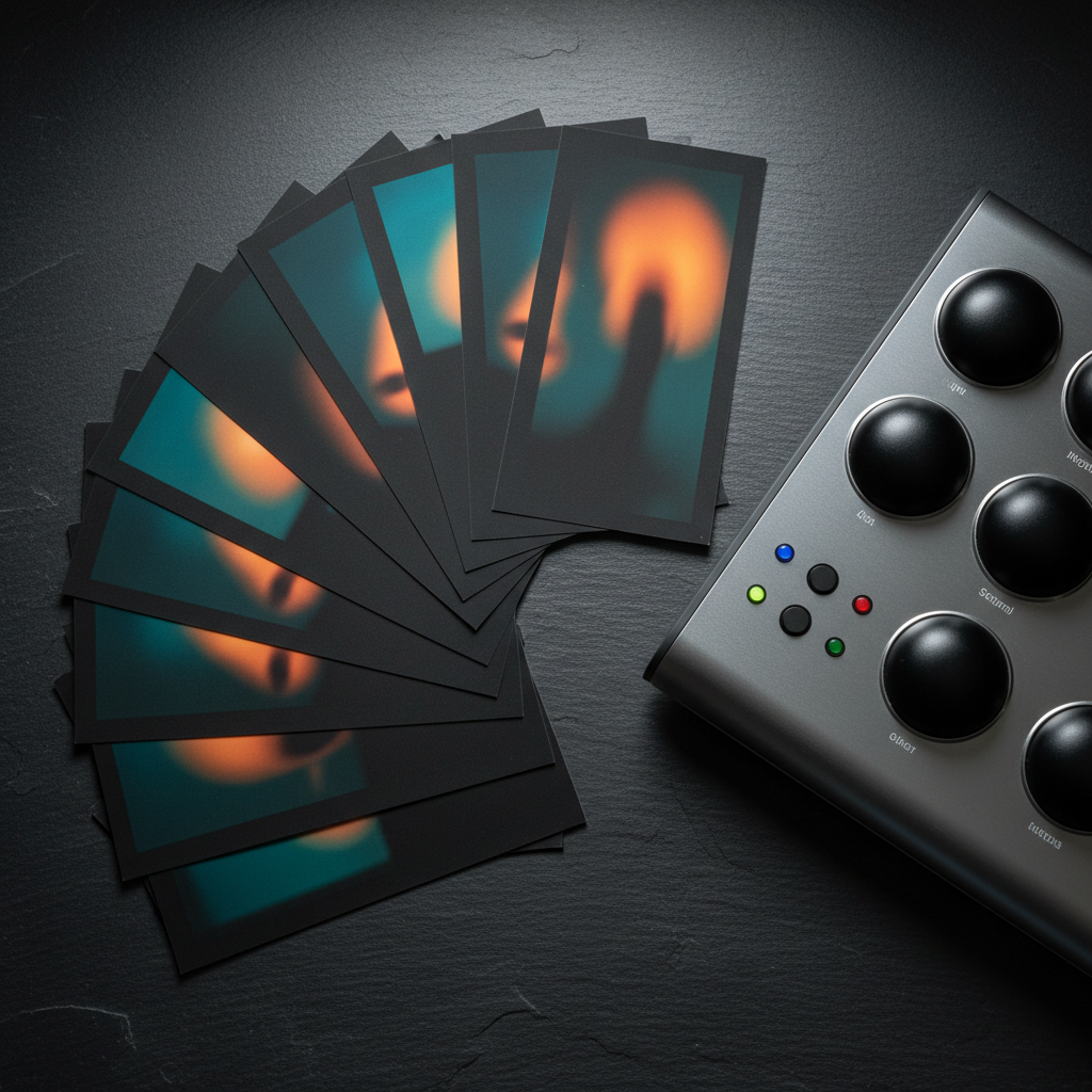 An elegant arrangement of color-graded film stills printed on matte cardstock, spread in a fan-like pattern across a dark slate surface, each frame showing abstract, unidentifiable shapes with richly cinematic tones of teal, amber, and deep shadow. Beside them lies a professional color grading panel with smooth black trackballs and softly glowing LED indicators. Soft, controlled studio lighting from above creates subtle reflections on the panel and a gentle falloff of light across the prints. Photographic realism and a slightly elevated angle emphasize the tactile quality of the prints and the precise surfaces of the panel. The mood is refined, contemplative, and technical, capturing the sophisticated artistry of visual tone shaping in film production, perfectly suited to a filmmaker’s portfolio.