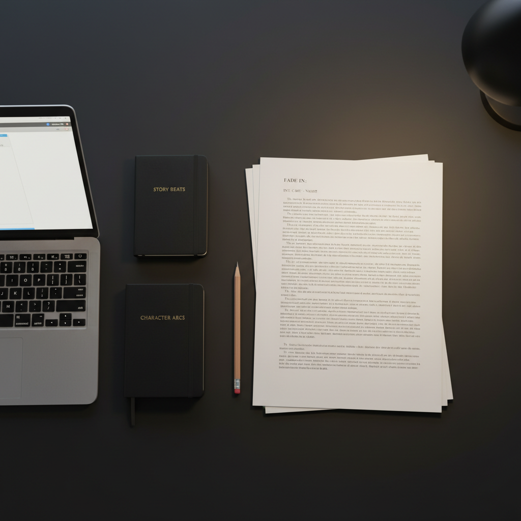 A minimalist, sophisticated collection of screenwriting tools laid out on a matte black tabletop: a crisp stack of ivory script pages with elegant courier type, a slim brushed-metal laptop slightly ajar, black hardcover notebooks with embossed titles, and a finely sharpened wooden pencil aligned along the script’s margin. A single warm desk lamp outside the frame casts soft, directional light from the right, creating long, refined shadows and a gentle gradient across the paper. The background fades into a velvety dark blur, emphasizing the objects in the foreground. Photographic realism, shot from a top-down perspective with carefully balanced negative space, gives the composition a calm, intellectual atmosphere, evoking the disciplined craft and quiet sophistication of screenwriting.