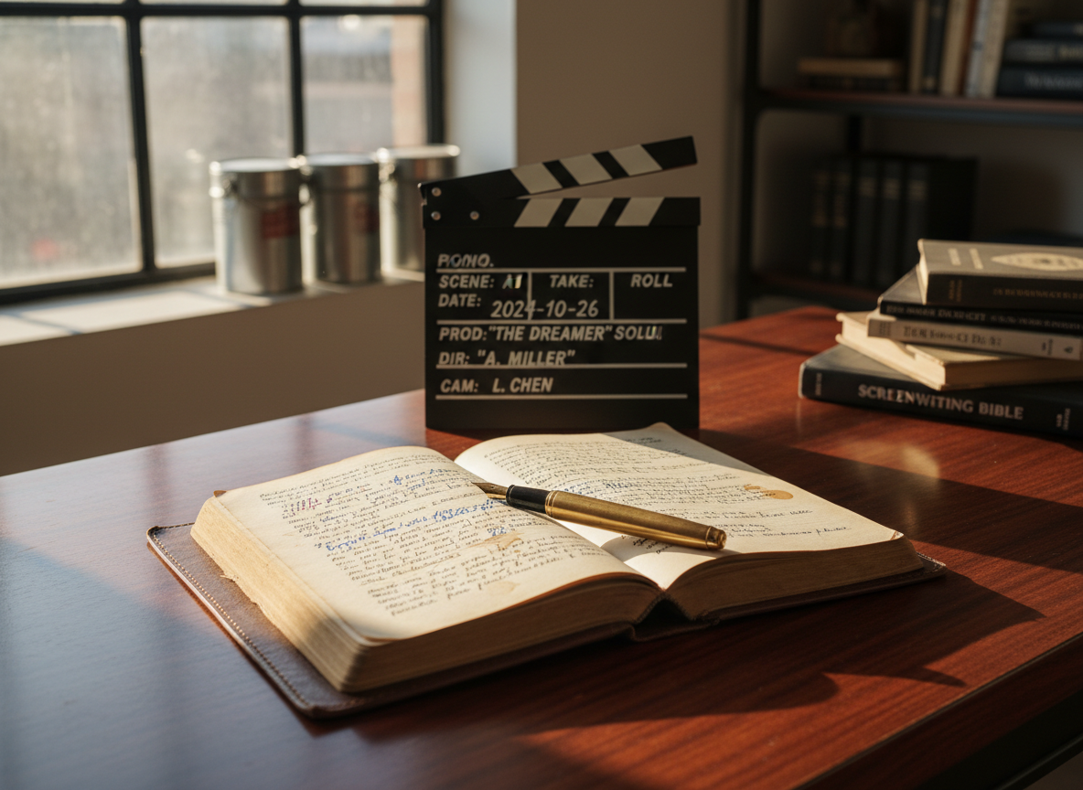 A meticulously arranged film director’s desk in a dark, polished wood finish, holding an open leather-bound script filled with handwritten notes, a sleek black clapperboard with crisp white lettering, and a vintage brass fountain pen resting across the pages. The desk sits near a large studio window, with late-afternoon golden light streaming in, creating dramatic highlights on the script and gentle shadows on the grain of the wood. In the softly blurred background, shelves of film reels and neatly stacked screenwriting books add subtle context. Captured in photographic realism from a slightly elevated angle with a shallow depth of field, the composition feels sophisticated, calm, and focused, evoking the intimate workspace of a serious, aspiring filmmaker.