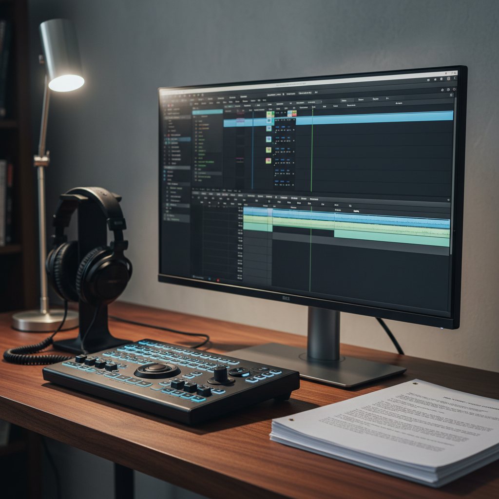 A neatly arranged film production workstation featuring a slim, high-resolution monitor displaying a complex editing timeline, surrounded by studio-grade black headphones, a compact control surface with glowing soft-blue keys, and neatly stacked printed screenplay pages bound with brass fasteners. The desk is a smooth, dark walnut surface against a muted grey wall. Soft, cool-toned ambient light from a desk lamp and the monitor’s glow illuminate the scene, creating delicate highlights on the paper edges and subtle reflections on the headphone cups. The composition, shot from a three-quarter angle in photographic realism, uses a shallow depth of field to keep the main tools in sharp focus while the background gently fades. The mood is focused, refined, and quietly intense, emphasizing the precision of post-production work.