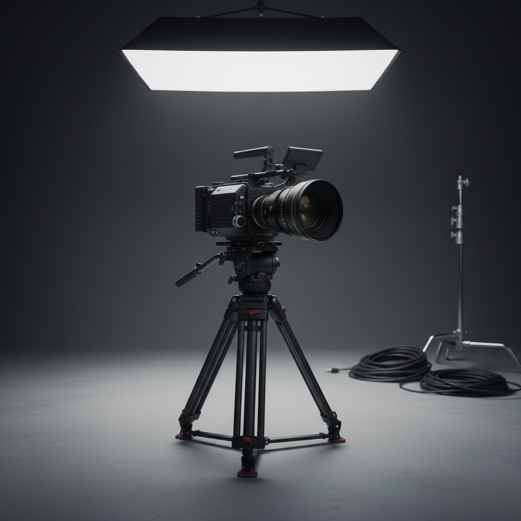 A high-end digital cinema camera with a matte black, finely textured body, adorned with precise metal dials and a large cine lens, mounted on a sturdy carbon fiber tripod. The setup stands in the center of a minimalist studio space with matte charcoal walls and a smooth concrete floor. A single overhead softbox casts diffused, cinematic lighting, creating gentle reflections along the lens barrel and subtle shadows beneath the tripod legs. In the background, out of focus, are neatly coiled cables and a polished aluminum light stand. Shot at eye level in photographic realism with a clean, modern composition, the image feels sophisticated, technical, and meticulously controlled, highlighting the craft of professional film production.